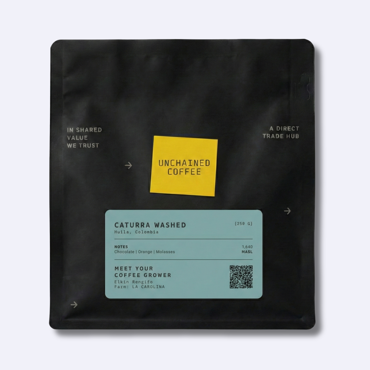 Unchained Coffee Caturra Washed from Huila, Colombia (250g) — chocolate, orange and molasses notes — grown by Elkin Rengifo at La Carolina farm (1,640 masl).