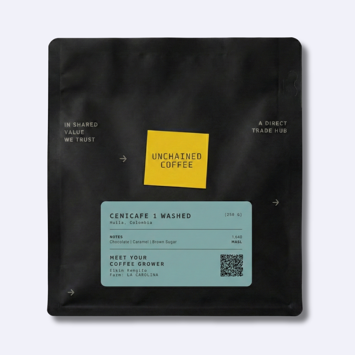 Unchained Coffee Cenicafe 1 Washed from Huila, Colombia (250g) — chocolate, caramel and brown sugar notes — grown by Elkin Rengifo at La Carolina farm (1,640 masl).
