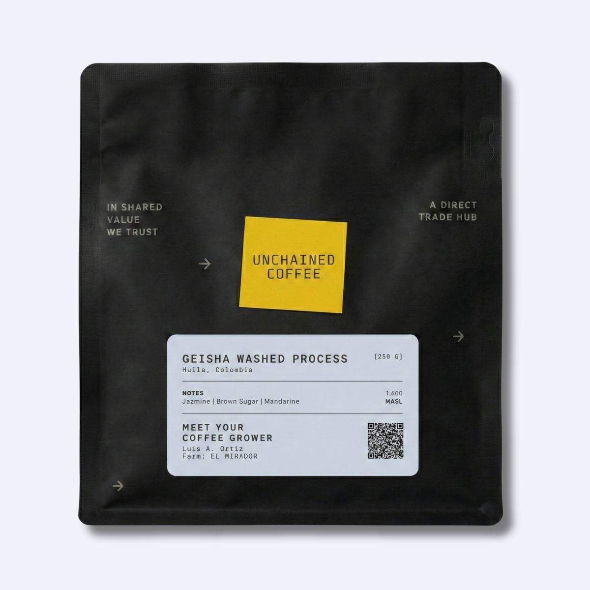 Unchained Coffee Geisha Washed Process from Huila, Colombia (250g) — jasmine, brown sugar and mandarine notes — grown by Luis A. Ortiz.
