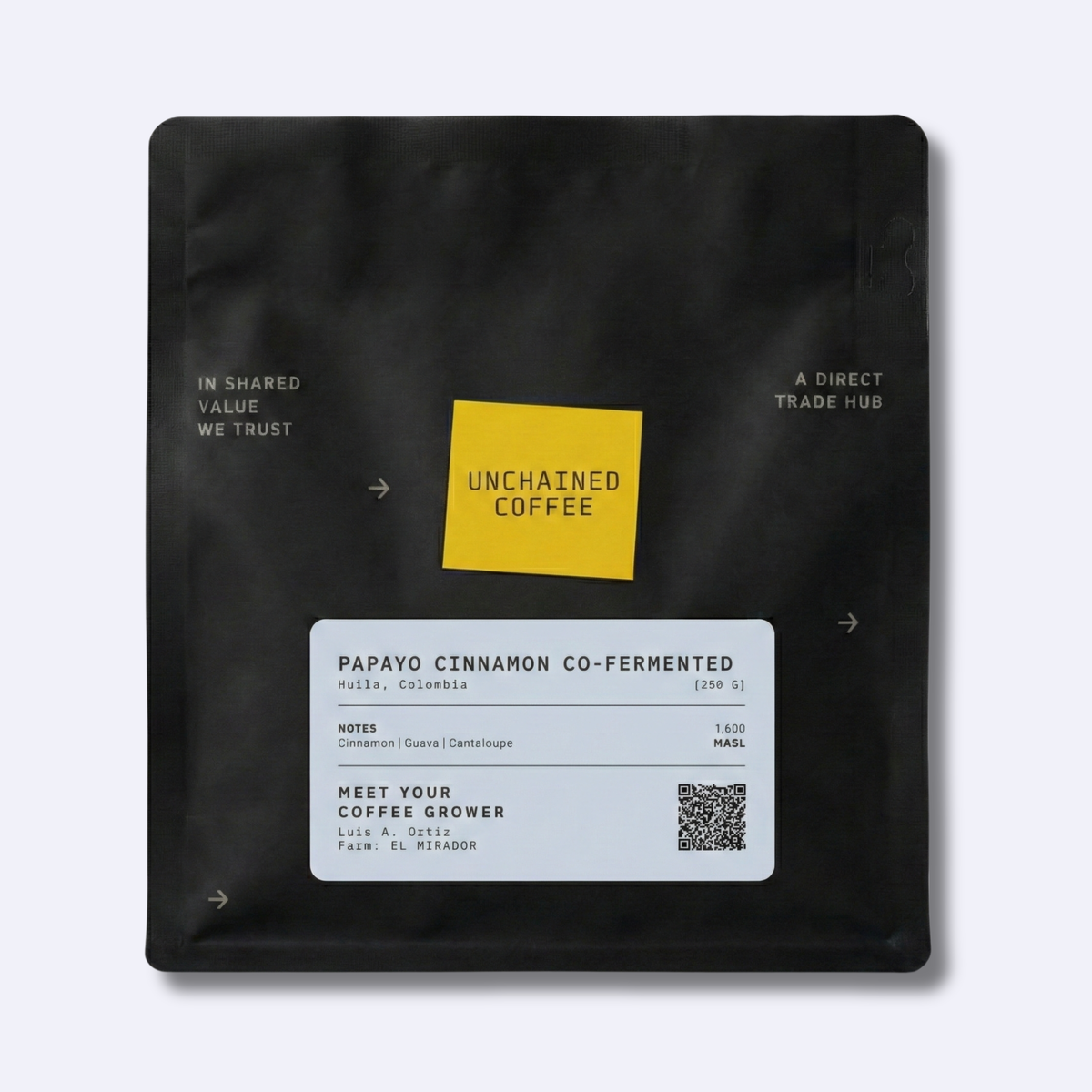 Unchained Coffee Papayo Cinnamon co-fermented coffee from Huila, Colombia (250g) with cinnamon, guava and cantaloupe notes—grown by Luis A. Ortiz at El Mirador farm.