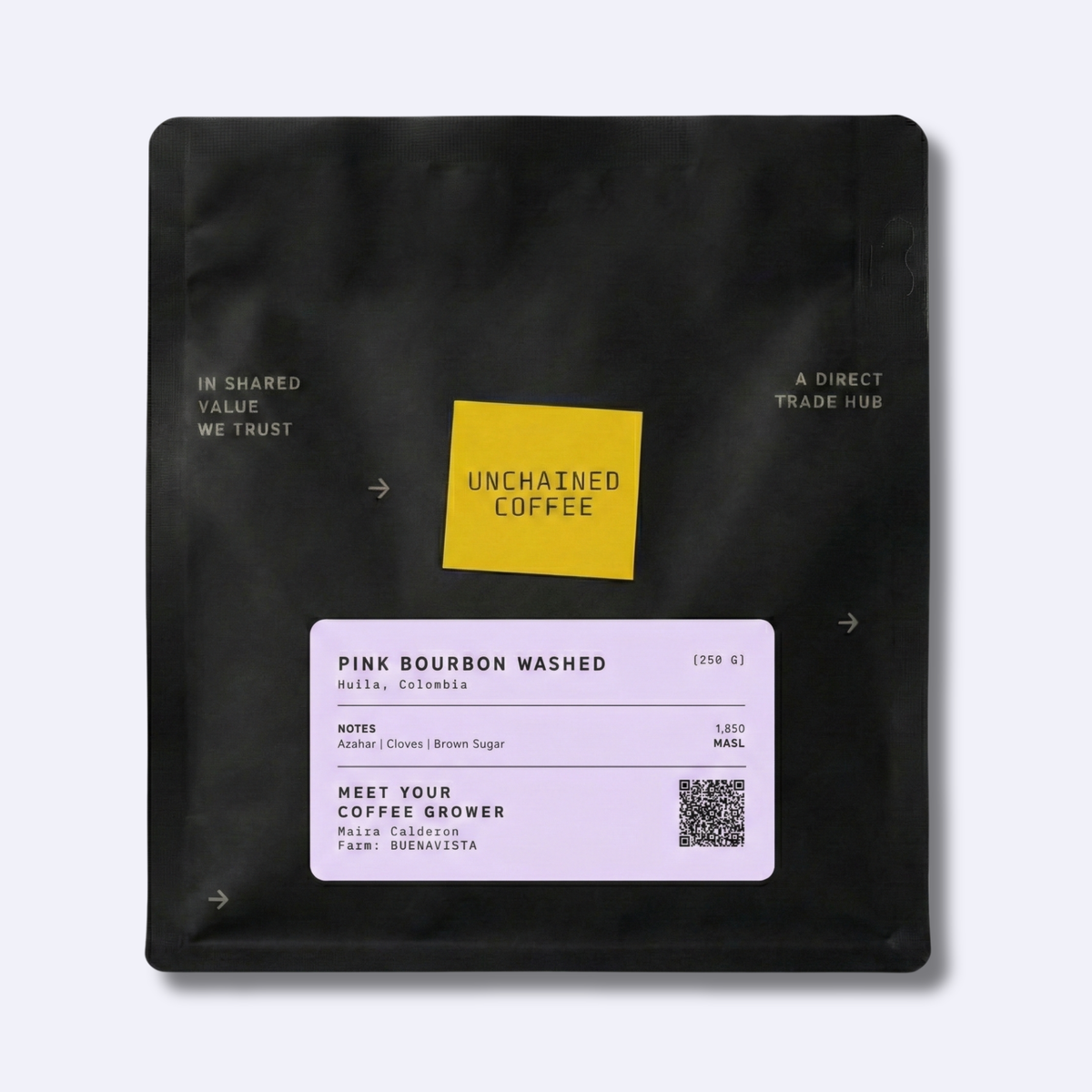Unchained Coffee Pink Bourbon Washed from Huila, Colombia by Maira Calderon (Finca Buenavista), 250g — azahar, cloves & brown sugar; ideal for pour over. 50% goes to the producer via shared-value direct trade.