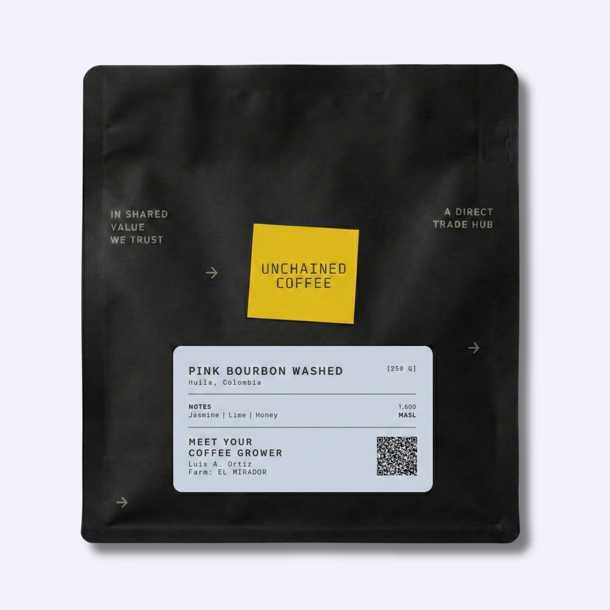 Unchained Coffee direct-trade, shared-value Pink Bourbon washed coffee from Huila, Colombia (250g) — jasmine, lime and honey notes — grown by Luis A. Ortiz at El Mirador farm (1,600 masl).