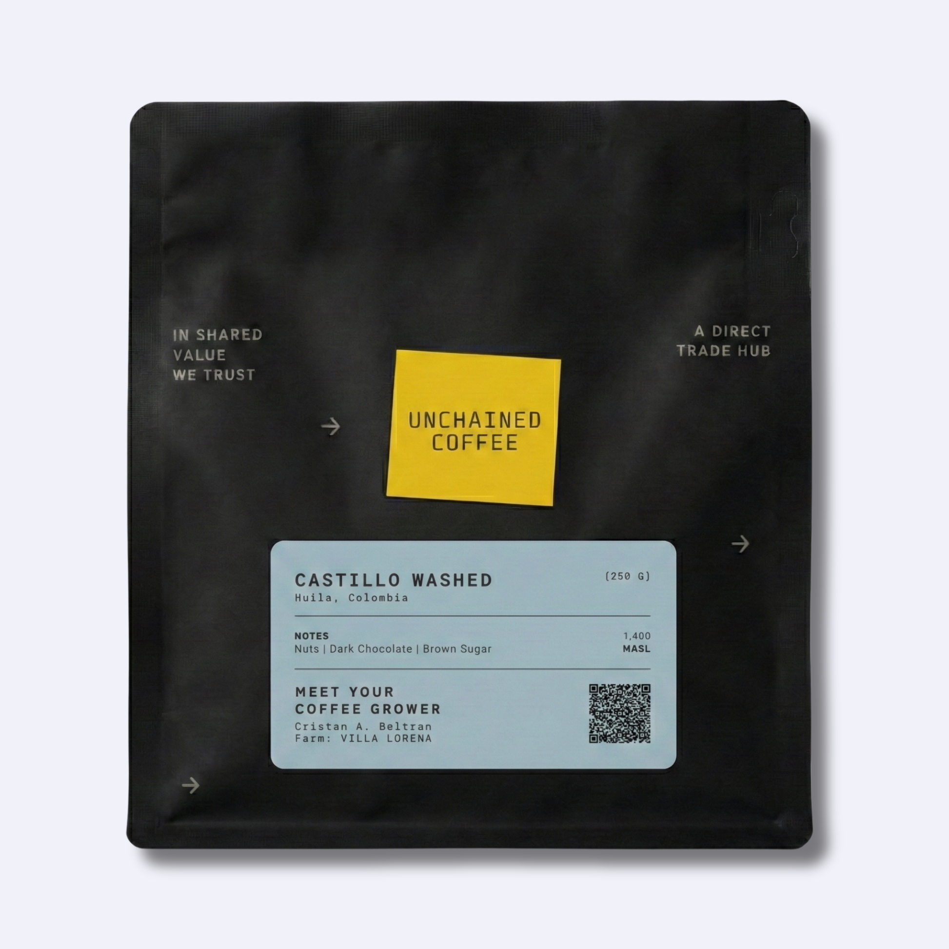 Unchained Coffee Castillo Washed from Huila, Colombia (250g) — nuts, dark chocolate and brown sugar notes — grown by Cristian A. Beltran at Villa Lorena farm (1,400 masl).