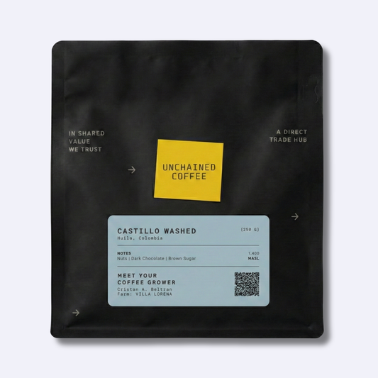 Unchained Coffee Castillo Washed from Huila, Colombia (250g) — nuts, dark chocolate and brown sugar notes — grown by Cristian A. Beltran at Villa Lorena farm (1,400 masl).