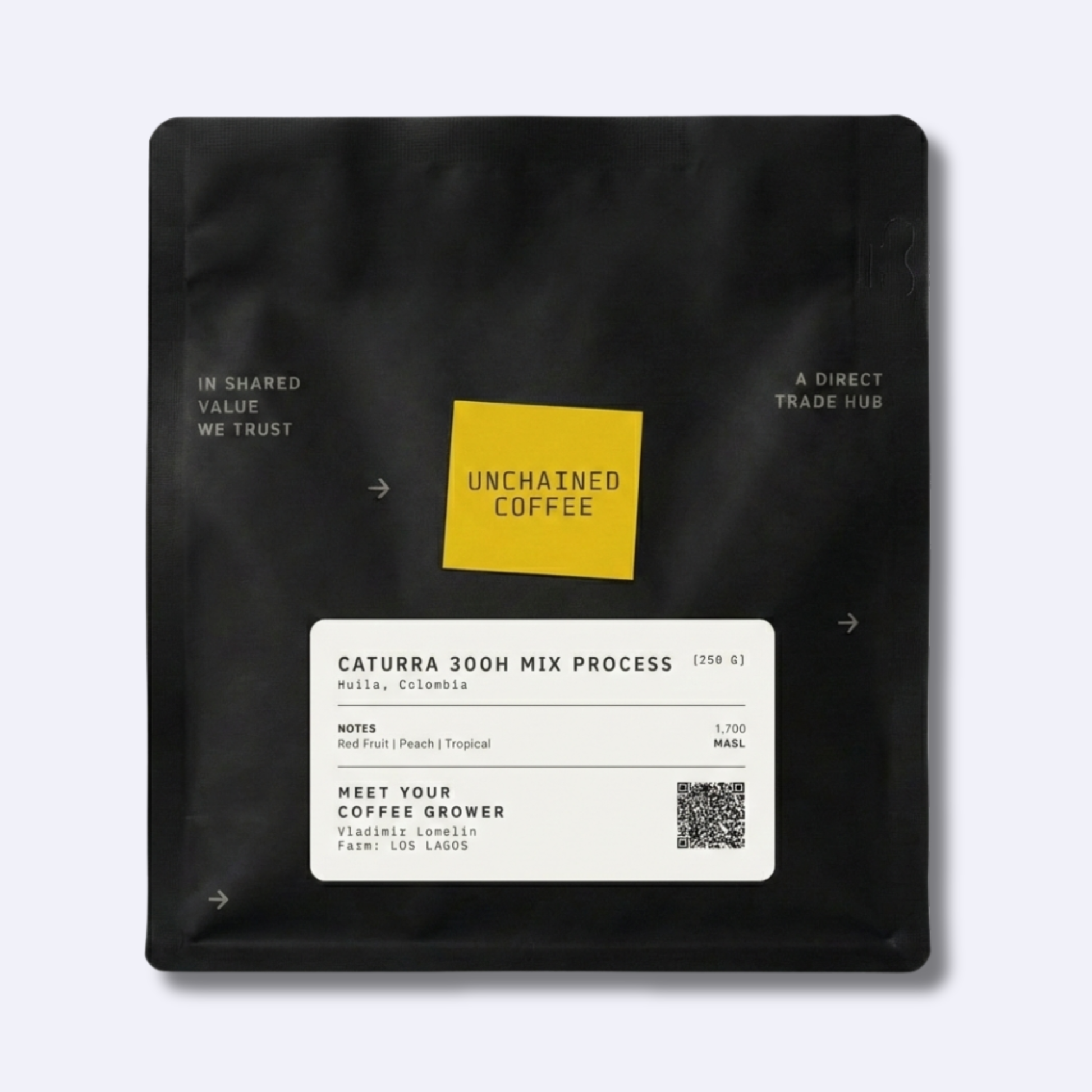 Award-winning Unchained Coffee Caturra 300H Mix Process from Huila, Colombia (250g) — red fruit, peach and tropical notes — grown by Vladimir Lomelin at Los Lagos farm (1,700 masl).