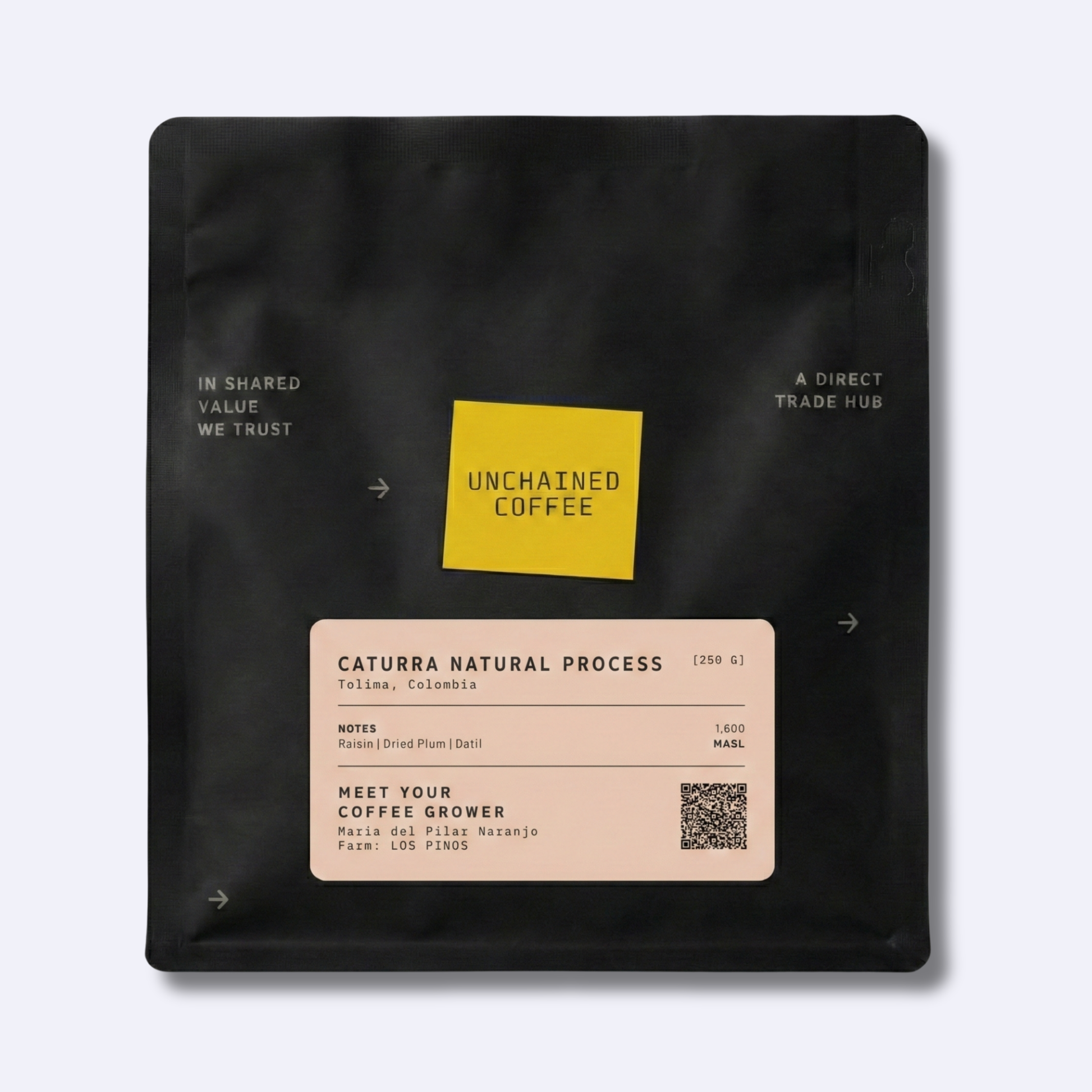 Unchained Coffee Caturra Natural Process from Tolima, Colombia (250g) — raisin, dried plum and datil notes — grown by Maria del Pilar Naranjo at Los Pinos farm (1,600 masl).
