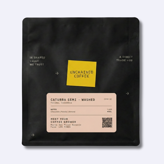 Unchained Coffee Caturra semi-washed from Tolima, Colombia (250g) — chocolate, panela and almond notes — grown by Maria del Pilar Naranjo at Los Pinos farm (1,600 masl).