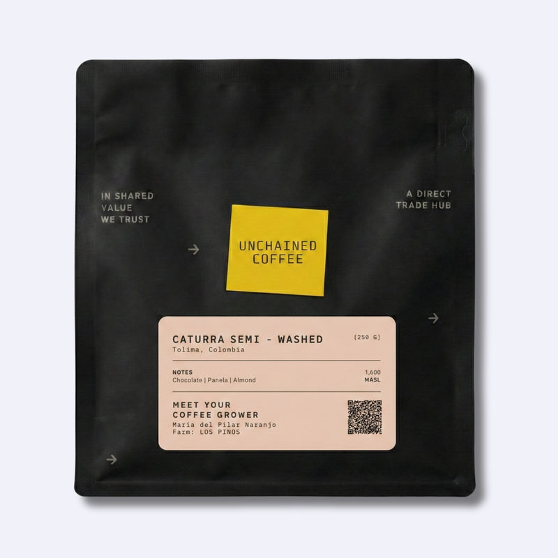 Unchained Coffee Caturra semi-washed from Tolima, Colombia (250g) — chocolate, panela and almond notes — grown by Maria del Pilar Naranjo at Los Pinos farm (1,600 masl).