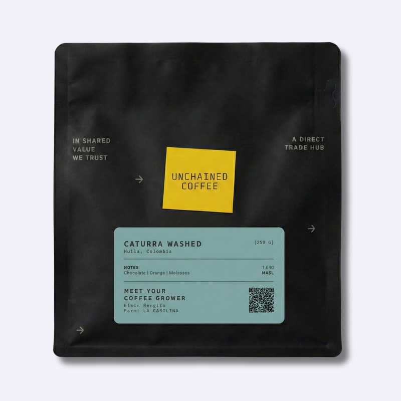 Unchained Coffee Caturra Washed from Huila, Colombia (250g) — chocolate, orange and molasses notes — grown by Elkin Rengifo at La Carolina farm (1,640 masl).