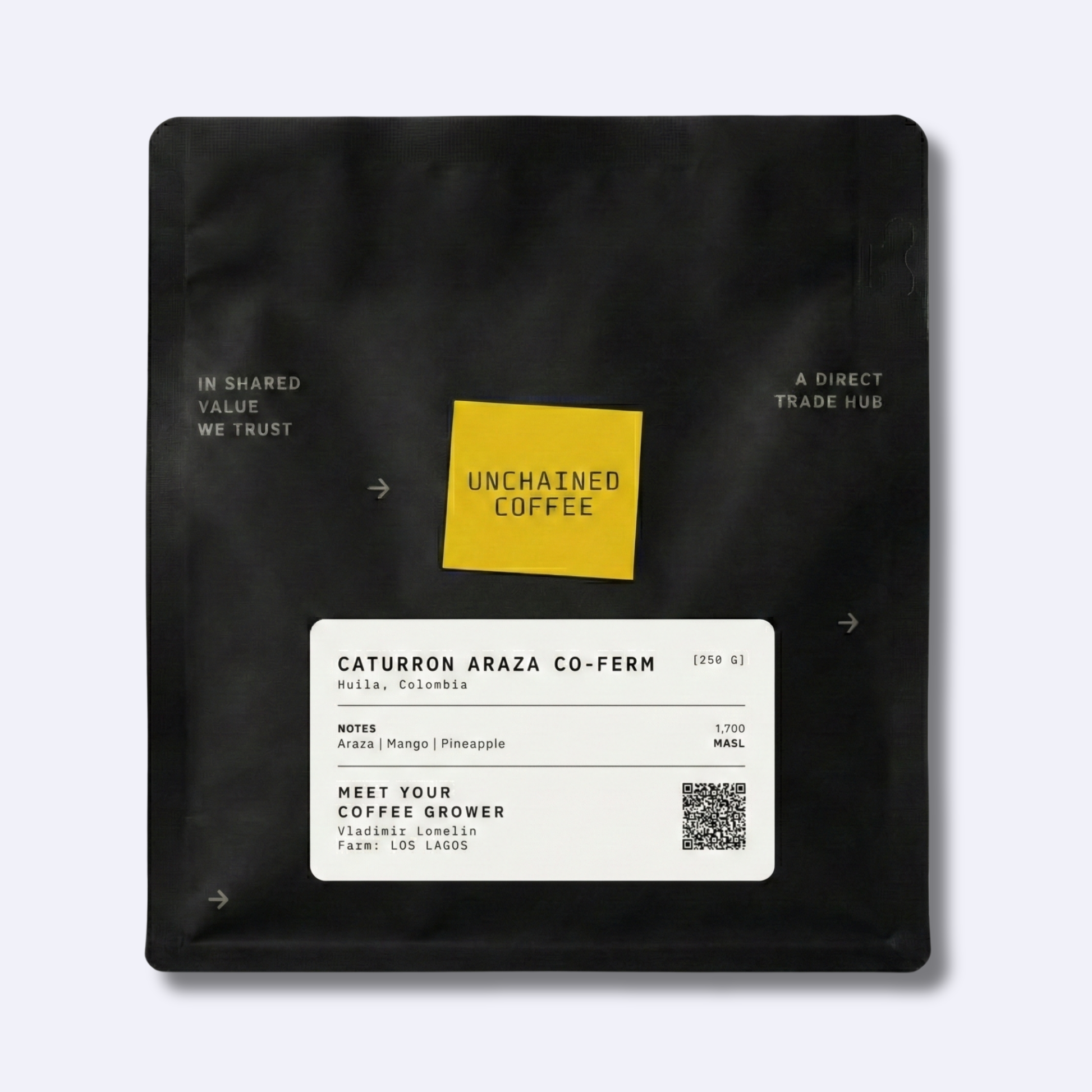 Unchained Coffee Caturron Araza co-fermented from Huila, Colombia (250g) — arazá, mango and pineapple notes — grown by Vladimir Lomelin at Los Lagos farm (1,700 masl).