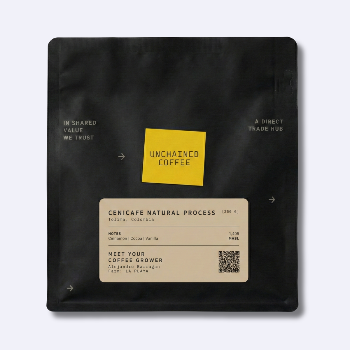 Unchained Coffee Cenicafe Natural Process from Tolima, Colombia (250g) — cinnamon, cocoa and vanilla notes — grown by Alejandro Barragan at La Playa farm (1,405 masl).
