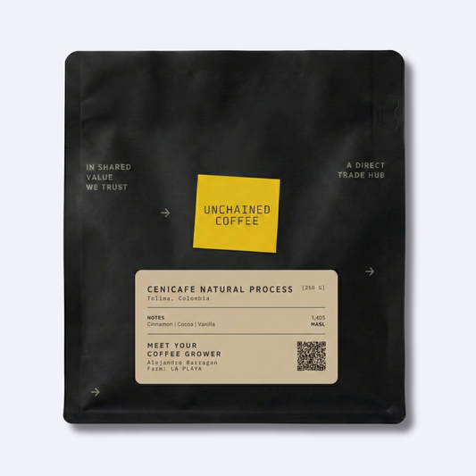 Unchained Coffee Cenicafe Natural Process from Tolima, Colombia (250g) — cinnamon, cocoa and vanilla notes — grown by Alejandro Barragan at La Playa farm (1,405 masl).