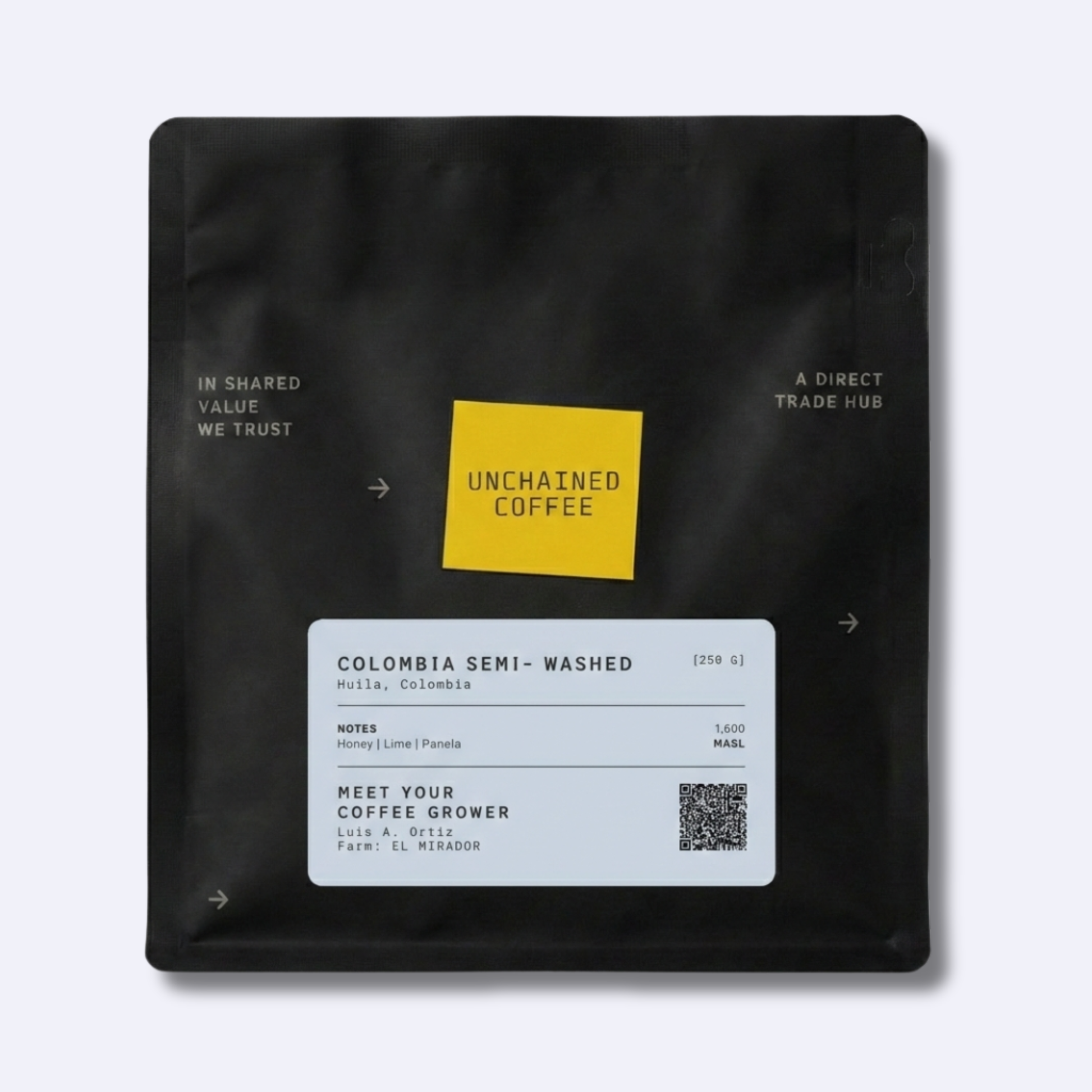 Unchained Coffee Colombia Semi-Washed from Huila, Colombia (250g) — honey, lime and panela notes — direct coffee trade hub built on shared value — grown by Luis A. Ortiz at El Mirador farm (1,600 masl).