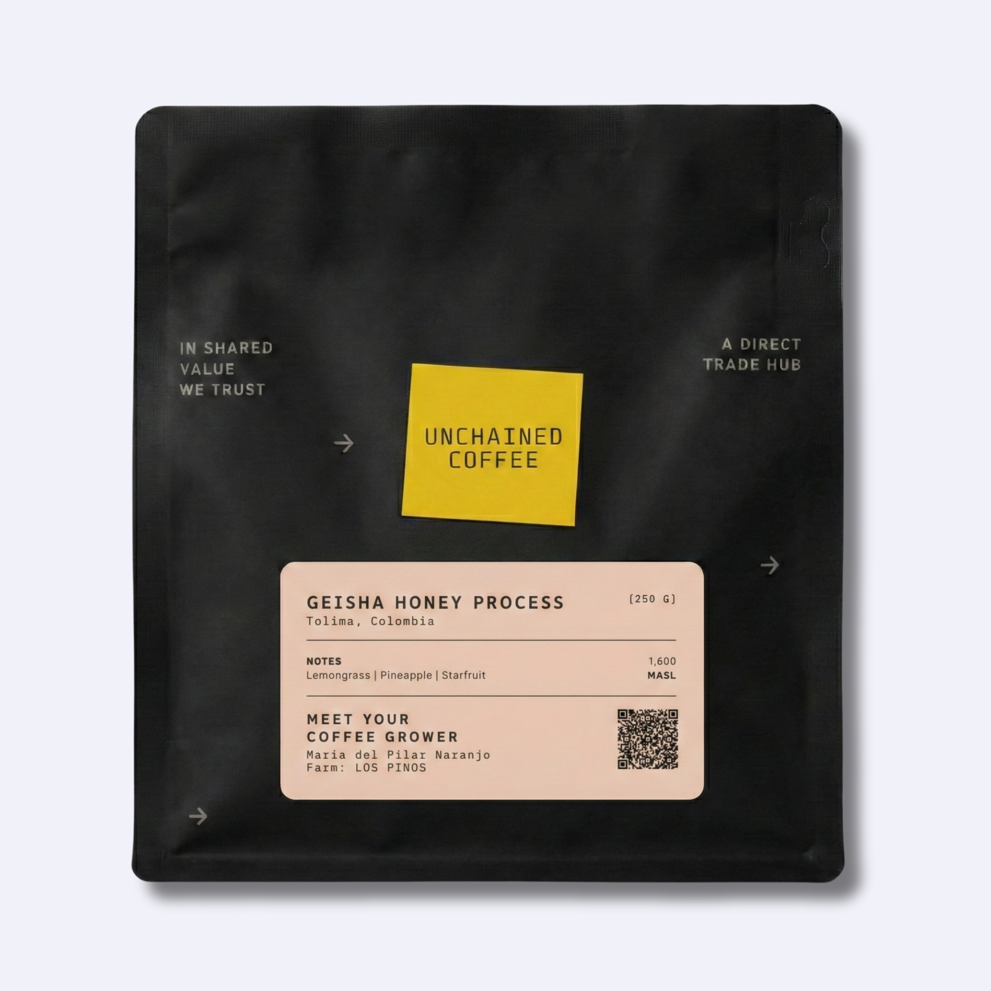 Unchained Coffee Geisha Honey Process from Tolima, Colombia (250g) — lemongrass, pineapple and starfruit notes — grown by Maria del Pilar Naranjo at Los Pinos farm (1,600 masl).