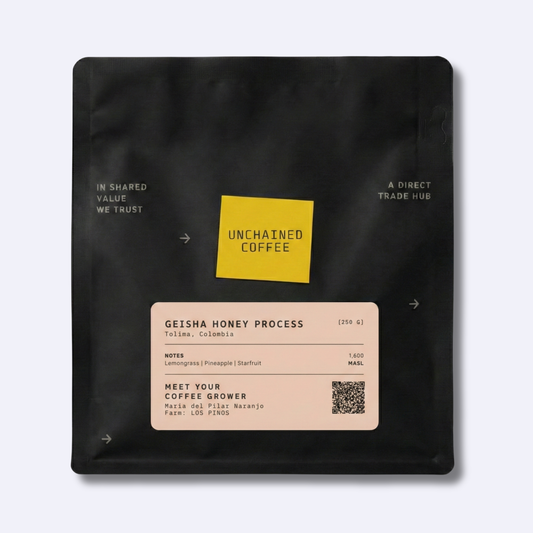 Unchained Coffee Geisha Honey Process from Tolima, Colombia (250g) — lemongrass, pineapple and starfruit notes — grown by Maria del Pilar Naranjo at Los Pinos farm (1,600 masl).