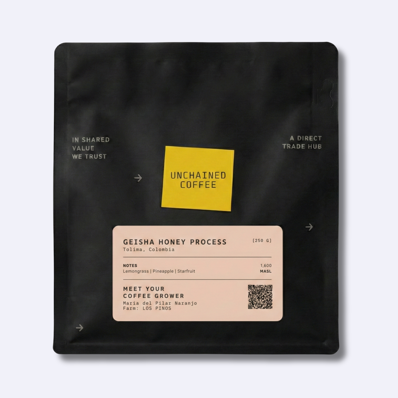 Unchained Coffee Geisha Honey Process from Tolima, Colombia (250g) — lemongrass, pineapple and starfruit notes — grown by Maria del Pilar Naranjo at Los Pinos farm (1,600 masl).