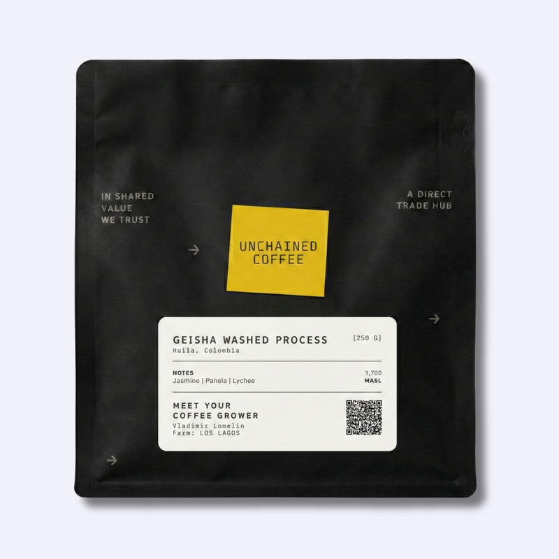 Unchained Coffee Geisha Washed Process from Huila, Colombia (250g) — jasmine, panela and lychee notes — grown by Vladimir Lomelin at Los Lagos farm (1,700 masl).