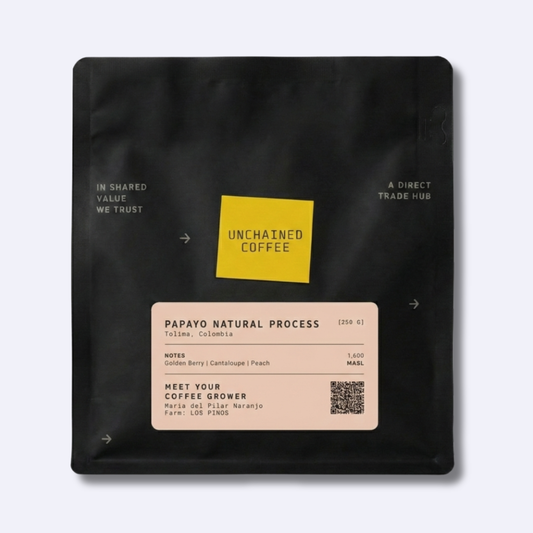 Unchained Coffee Papayo Natural Process from Tolima, Colombia (250g) — golden berry, cantaloupe and peach notes — grown by Maria del Pilar Naranjo at Los Pinos farm (1,600 masl).