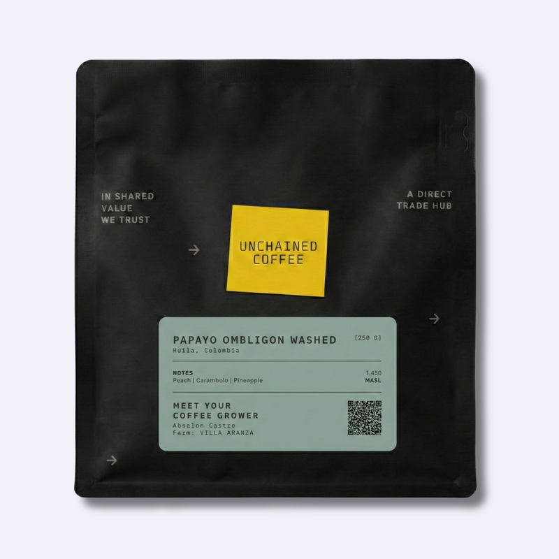 Unchained Coffee Papayo Ombligon Washed from Huila, Colombia (250g) — peach, carambolo (starfruit) and pineapple notes — grown by Absalon Castro at Villa Aranza farm (1,450 masl).