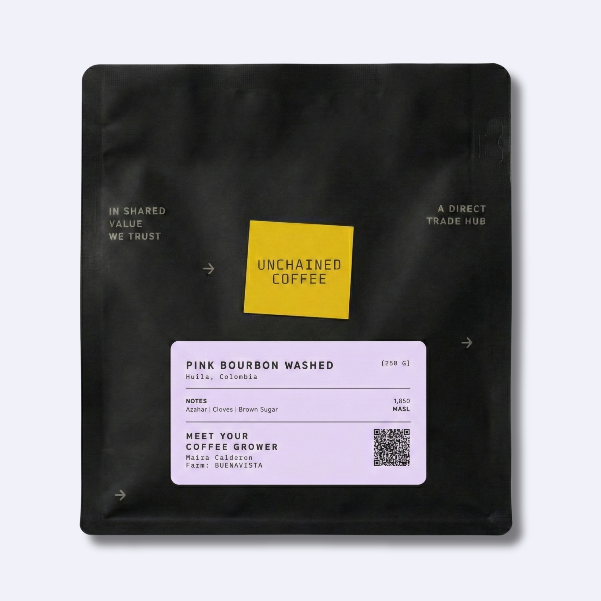 Unchained Coffee Pink Bourbon Washed from Huila, Colombia by Maira Calderon (Finca Buenavista), 250g — azahar, cloves & brown sugar; ideal for pour over. 50% goes to the producer via shared-value direct trade.