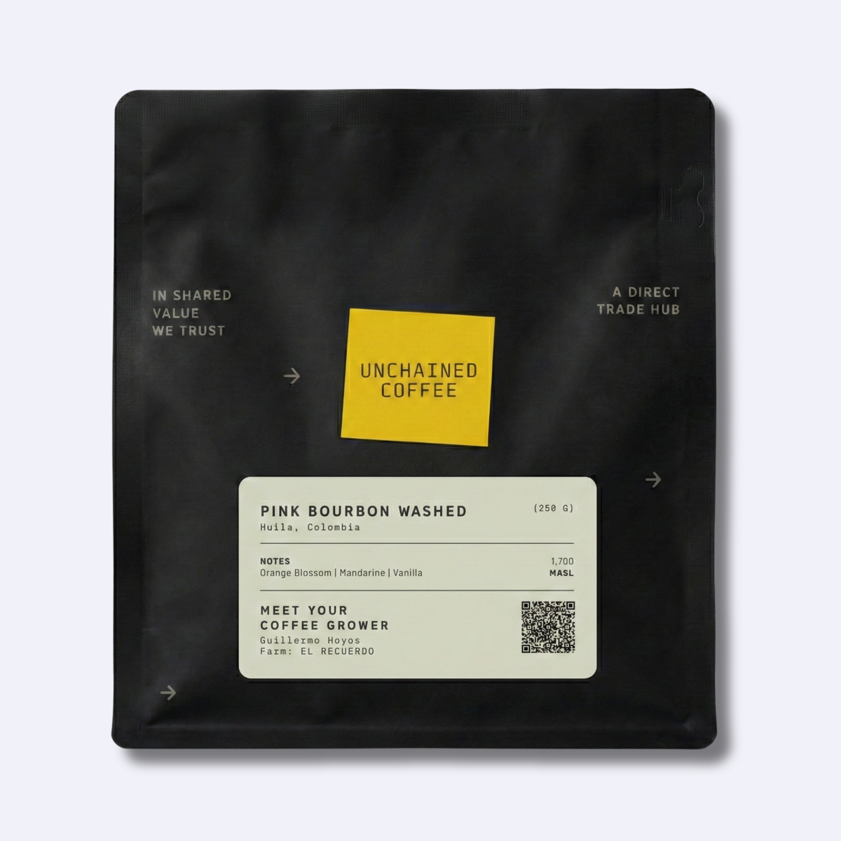 Unchained Coffee Pink Bourbon Washed from Huila, Colombia (250g) — orange blossom, mandarine and vanilla notes — grown by Guillermo Hoyos at El Recuerdo farm (1,700 masl).