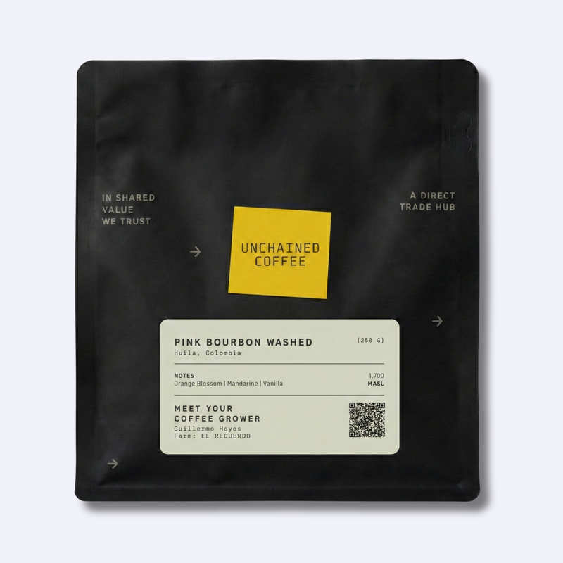 Unchained Coffee Pink Bourbon Washed from Huila, Colombia (250g) — orange blossom, mandarine and vanilla notes — grown by Guillermo Hoyos at El Recuerdo farm (1,700 masl).