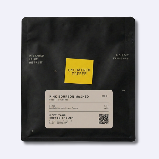 Unchained Coffee Pink Bourbon Washed from Huila, Colombia (250g) — panela, chocolate and sweet orange notes — grown by Luz Amparo Samboni at Combeima farm (1,650 masl).
