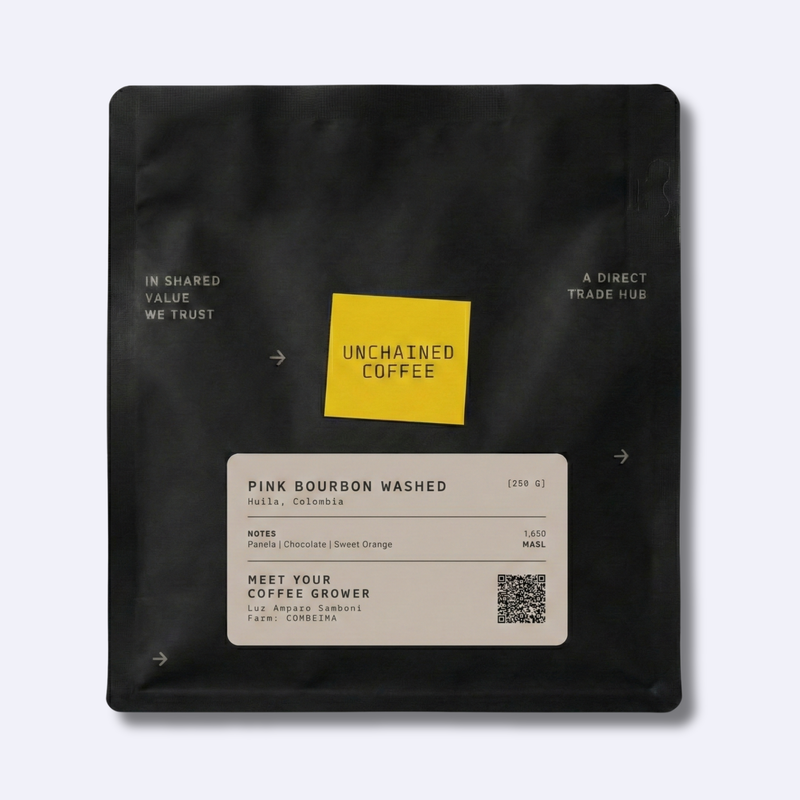 Unchained Coffee Pink Bourbon Washed from Huila, Colombia (250g) — panela, chocolate and sweet orange notes — grown by Luz Amparo Samboni at Combeima farm (1,650 masl).