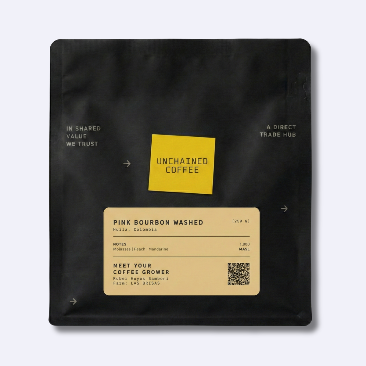 Unchained Coffee Pink Bourbon Washed from Huila, Colombia (250g) — molasses, peach and mandarine notes — grown by Ruber Hoyos Samboni at Las Brisas farm (1,800 masl).