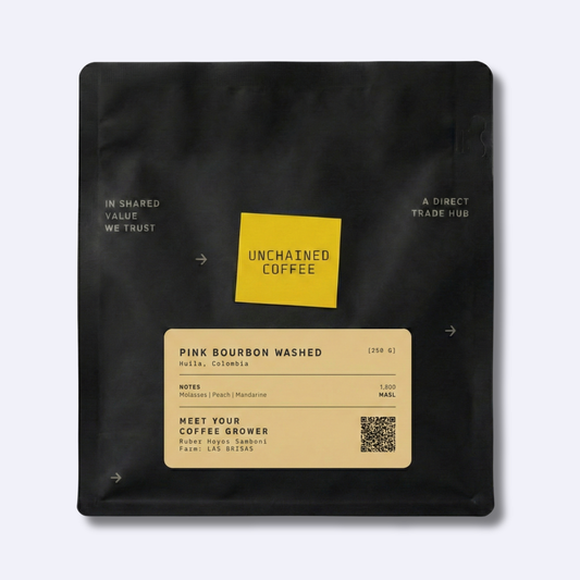 Unchained Coffee Pink Bourbon Washed from Huila, Colombia (250g) — molasses, peach and mandarine notes — grown by Ruber Hoyos Samboni at Las Brisas farm (1,800 masl).