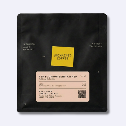 Unchained Coffee Red Bourbon semi-washed from Tolima, Colombia (250g) — red fruits, white chocolate and caramel notes — grown by Maria del Pilar Naranjo at Los Pinos farm (1,600 masl).