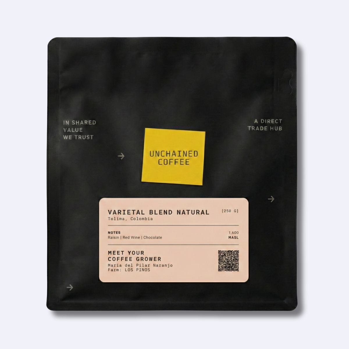 Unchained Coffee Varietal Blend Natural from Tolima, Colombia (250g) — raisin, red wine and chocolate notes — grown by Maria del Pilar Naranjo at Los Pinos farm (1,600 masl).