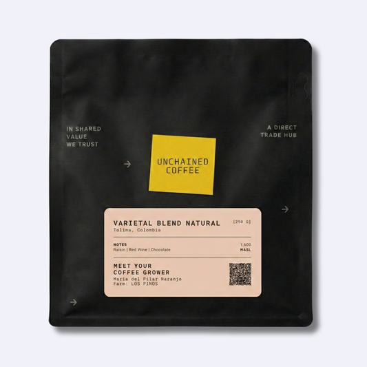 Unchained Coffee Varietal Blend Natural from Tolima, Colombia (250g) — raisin, red wine and chocolate notes — grown by Maria del Pilar Naranjo at Los Pinos farm (1,600 masl).