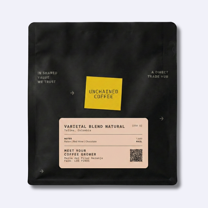 Unchained Coffee Varietal Blend Natural from Tolima, Colombia (250g) — raisin, red wine and chocolate notes — grown by Maria del Pilar Naranjo at Los Pinos farm (1,600 masl).